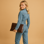 Denim long-sleeve jumpsuit for women with straight-leg fit and casual design, perfect for daily wear and all-season versatility.