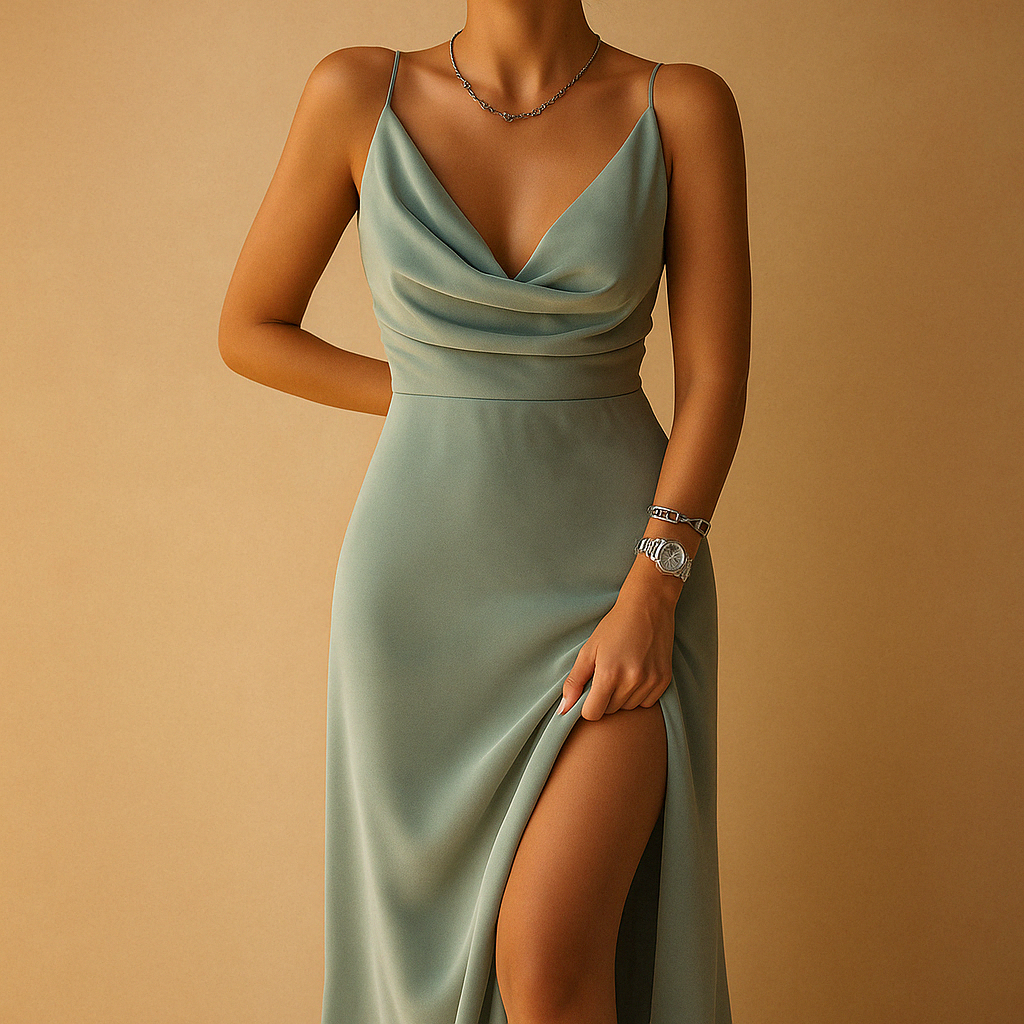 Elegant maxi dress with V-neck for women featuring a flowing fit and invisible back zipper, perfect for weddings, galas, and formal occasions.