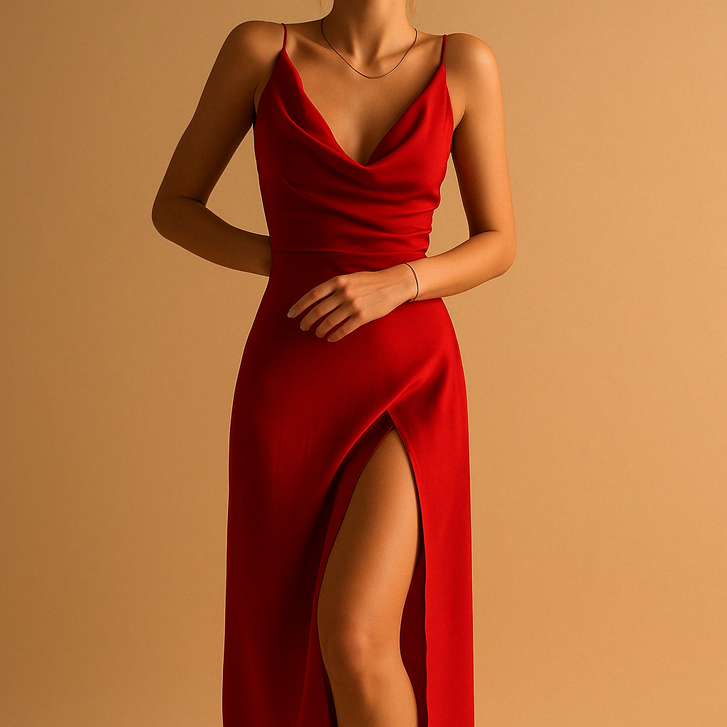 Elegant maxi dress with V-neck for women featuring a flowing fit and invisible back zipper, perfect for weddings, galas, and formal occasions.