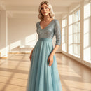 Elegant polyester prom dress with flattering V-neck design