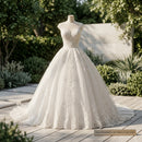 Elegant vintage lace bridal gown with graceful puff skirt silhouette