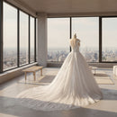 Elegant vintage lace bridal gown with graceful puff skirt silhouette