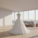 Elegant vintage lace bridal gown with graceful puff skirt silhouette