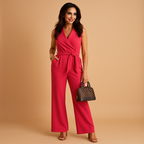 Elegant wrap jumpsuit for women with wide-leg design and tailored fit, perfect for formal events, business occasions, and stylish gatherings.