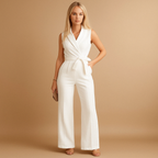 Elegant wrap jumpsuit for women with wide-leg design and tailored fit, perfect for formal events, business occasions, and stylish gatherings.