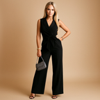 Elegant wrap jumpsuit for women with wide-leg design and tailored fit, perfect for formal events, business occasions, and stylish gatherings.