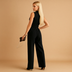 Elegant wrap jumpsuit for women with wide-leg design and tailored fit, perfect for formal events, business occasions, and stylish gatherings.