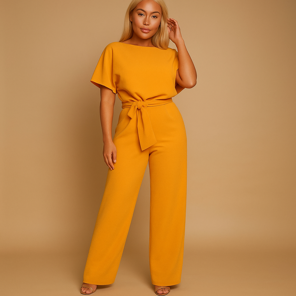 High-waist jumpsuit for women with lace-up detail and flattering fit, perfect for work, evenings out, and chic occasions.
