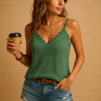 Lace sleeveless top for women with V-neck and fine lace details, perfect for work, casual wear, and summer occasions.