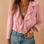 Ruffled butterfly blouse for women with long sleeves and elegant design, perfect for work, spring days, and casual outings.