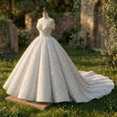 Sequined lace sleeveless wedding dress with elegant bridal styling