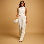 Sleeveless halter jumpsuit for women with high waist, wide legs, and decorative bow detail, perfect for summer dinners and evening occasions.
