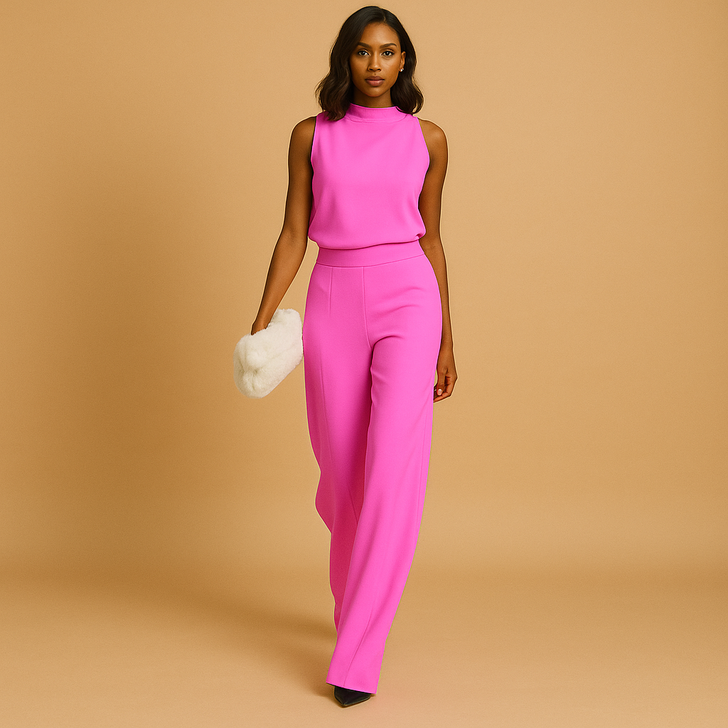 Sleeveless halter jumpsuit for women with high waist, wide legs, and decorative bow detail, perfect for summer dinners and evening occasions.
