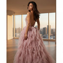 Spaghetti strap mesh long dress with elegant formal silhouette