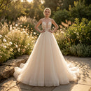 Long tail backless chiffon wedding dress with elegant bridal design