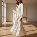 V-neck long sleeve prom dress with elegant full-length design