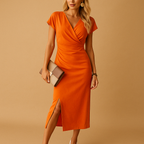 V-neck midi dress for women with front slit and flowing fit, perfect for daily wear, evening events, and festive occasions.