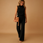 Wide-leg elegant jumpsuit for women with round neckline and mid-waist fit, perfect for work, evening wear, and special occasions.