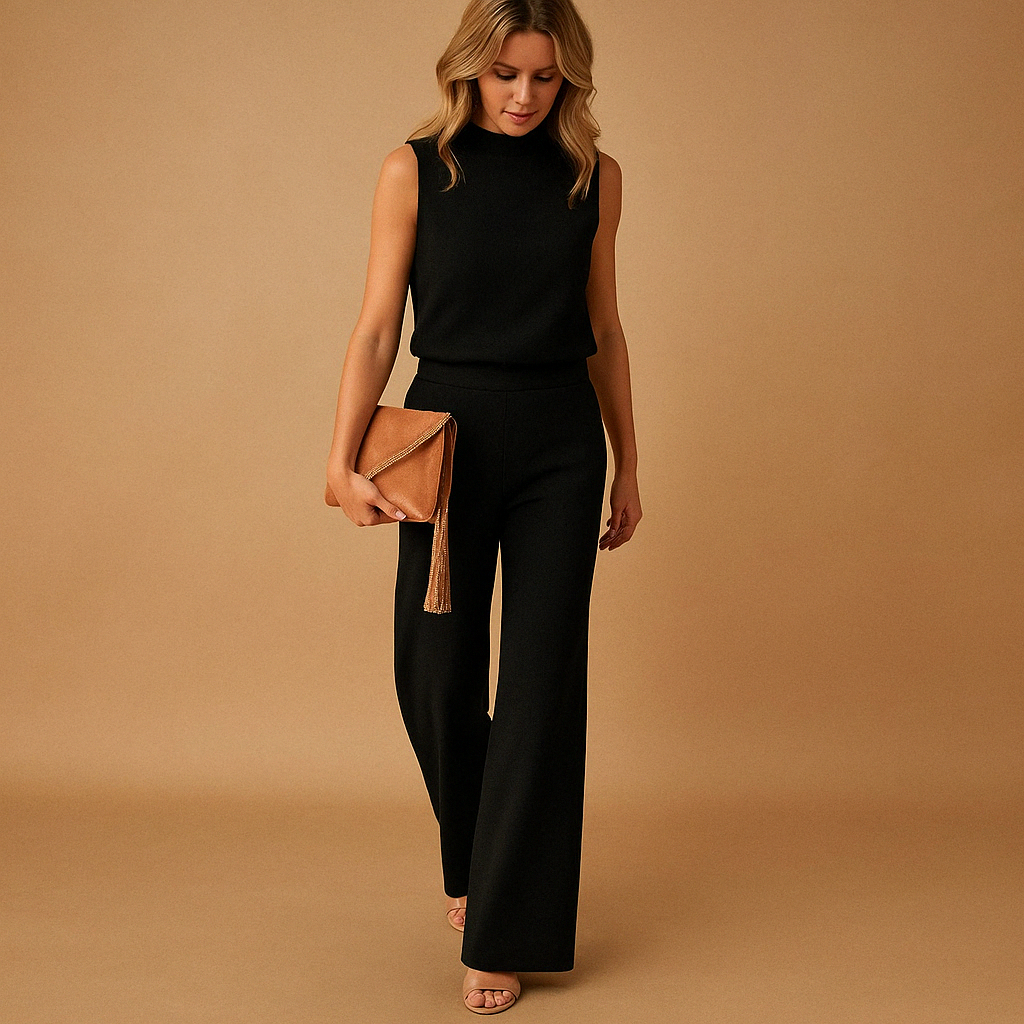 Wide-leg elegant jumpsuit for women with round neckline and mid-waist fit, perfect for work, evening wear, and special occasions.