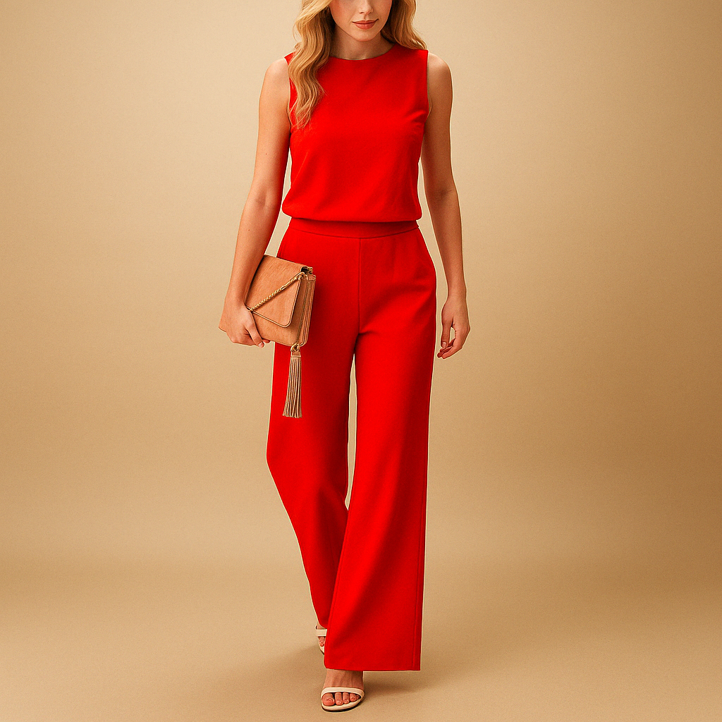 Wide-leg elegant jumpsuit for women with round neckline and mid-waist fit, perfect for work, evening wear, and special occasions.
