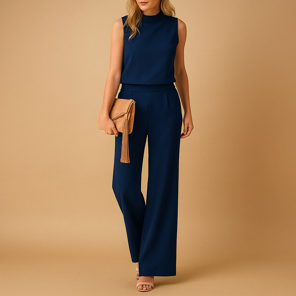 Wide-leg elegant jumpsuit for women with round neckline and mid-waist fit, perfect for work, evening wear, and special occasions.